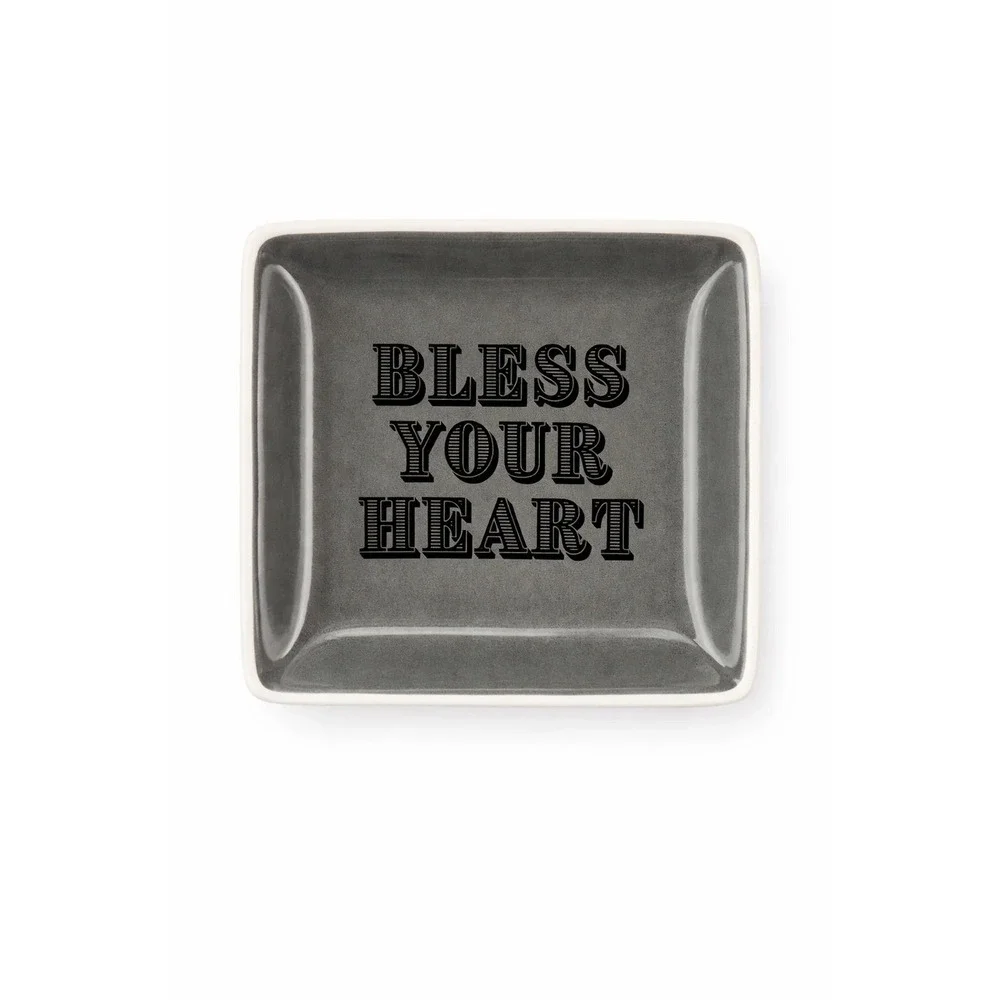Bless Your Heart Ceramic Trinket Dish Grey Square Jewelry Tray Valet Bowl